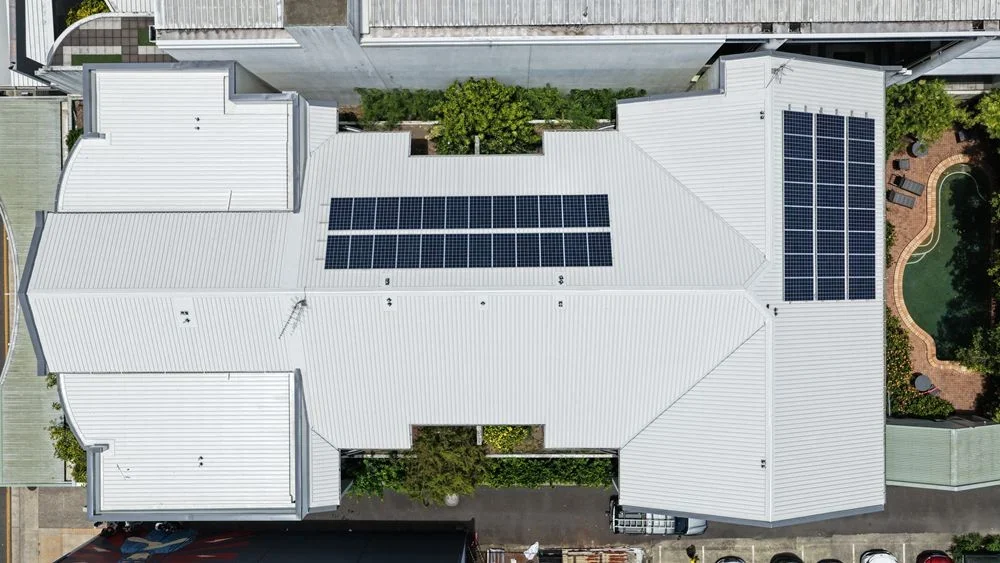 Aerial view of the completed Mid-City Apartments roof in Cairns City