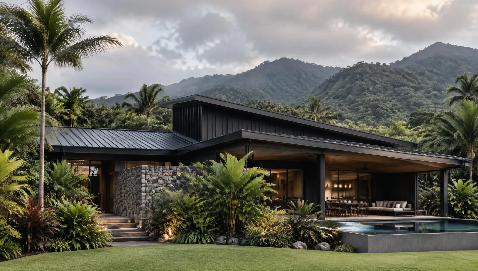 Contemporary tropical home with a charcoal standing seam metal roof