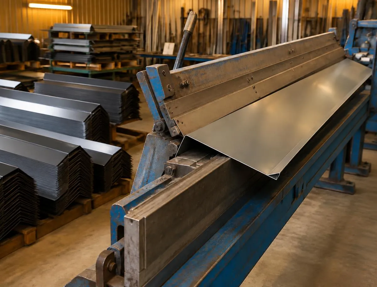 Folding machine forming a custom metal roof flashing in a workshop